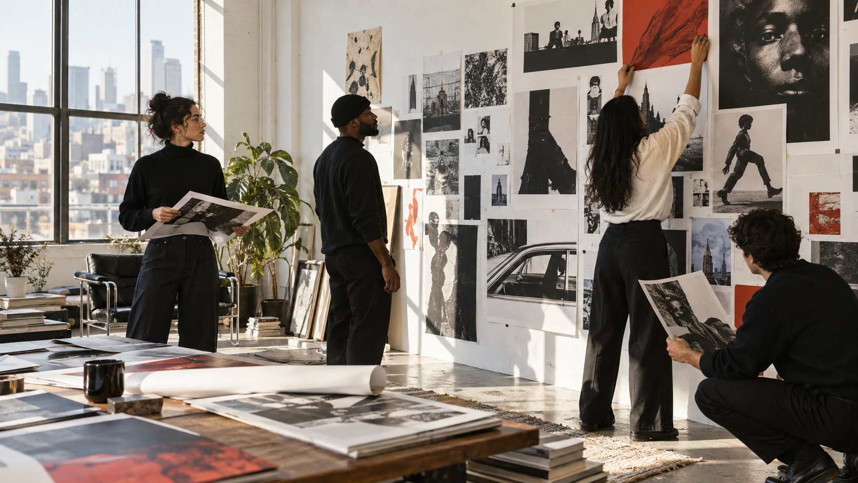 Creative team shaping an editorial campaign in a city studio